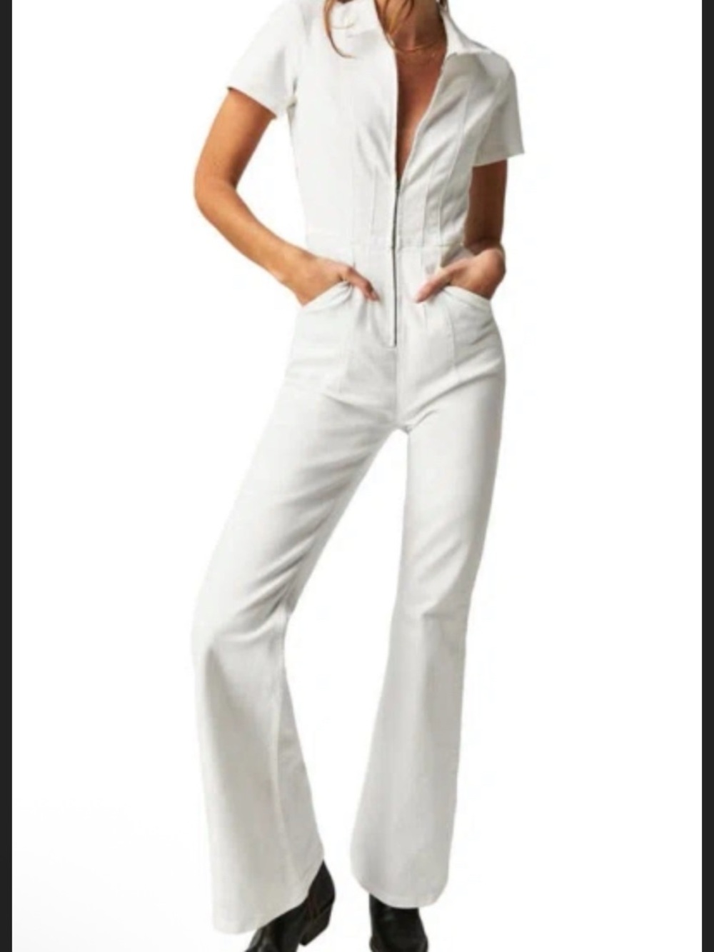 FREE PEOPLE NWT Jayde Zip Up Jumpsuit White Denim Flare Leg